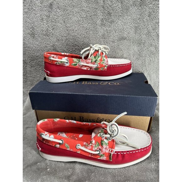 New GH Bass Co Women’s 6.5 Marina Red Leather Floral Canvas Boat Shoes Preppy - Picture 3 of 6